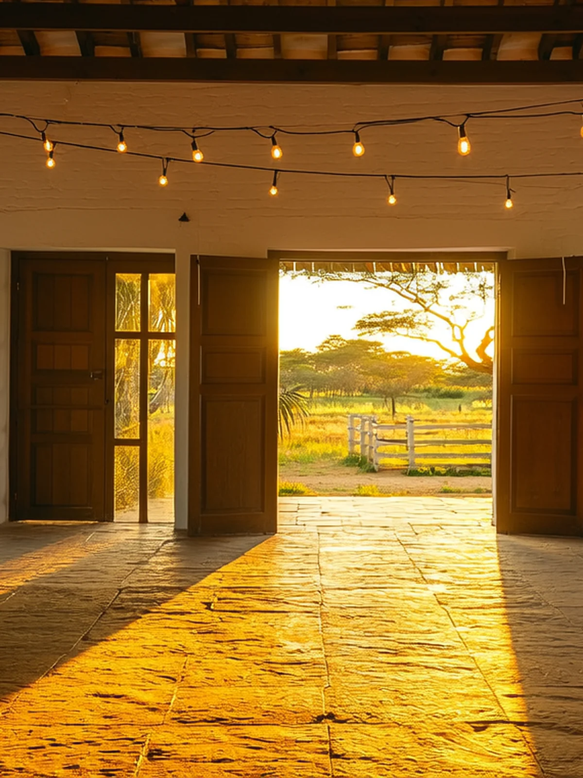 Salão de festas ao entardecer, portas abertas para o campo e varais de luz acesos