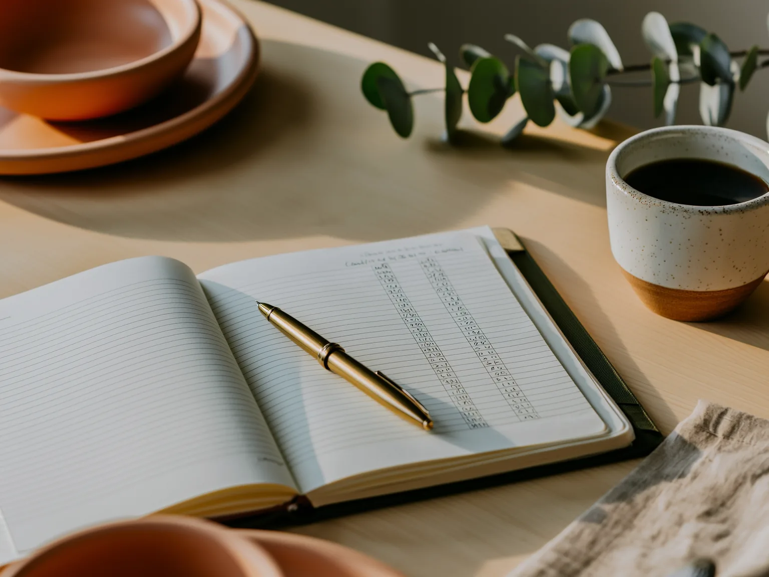 Caderno aberto com uma tabela de custos escrita à mão, caneta e xícara de café