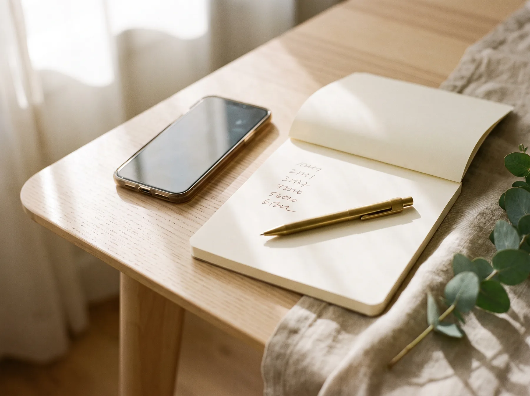Mesa de madeira com celular, caderno aberto com valores anotados e um ramo de eucalipto